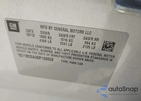 2013 Chevrolet Malibu 1Ls из США, поврежденный, VIN 1G11B5SA9DF168832